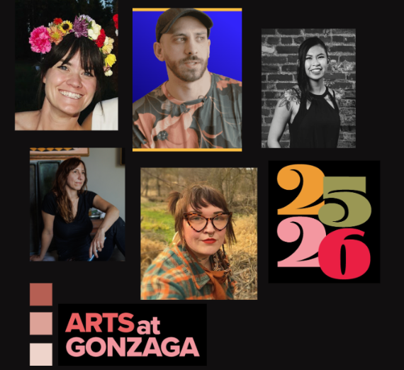 Collage promoting Arts at Gonzaga 2025–2026 featuring five artist portraits alongside the 25/26 Arts at Gonzaga logo on a black background.