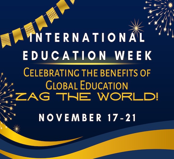 International Education Week Infographic with blue background and gold details