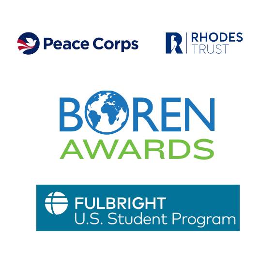 the logos of the Peace Corps, Rhodes Scholarship, Boren Awards and Fulbright Scholarship