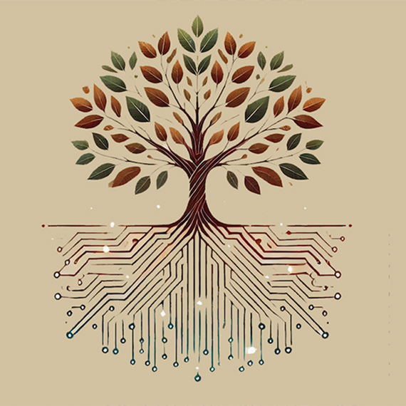 Illustration of a tree with roots that reflect digital lines.