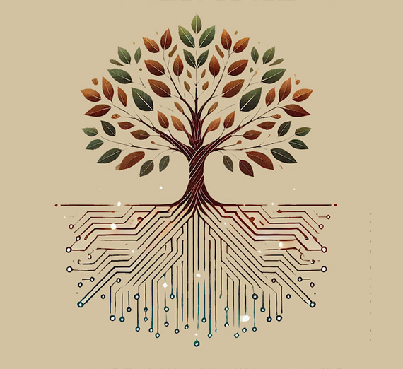 Illustration of a tree with roots that reflect digital lines.
