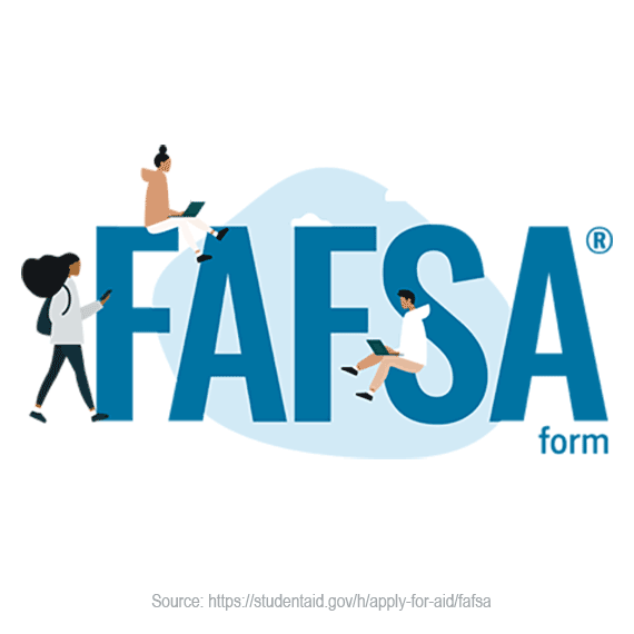 Editorial illustration of FAFSA in large text with students interacting with the text. Source: https://studentaid.gov/h/apply-for-aid/fafsa