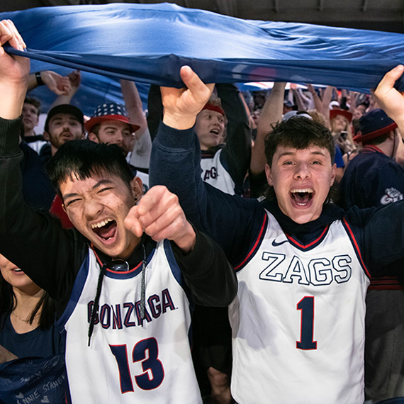 Students cheer at a Gonzaga basketball game
