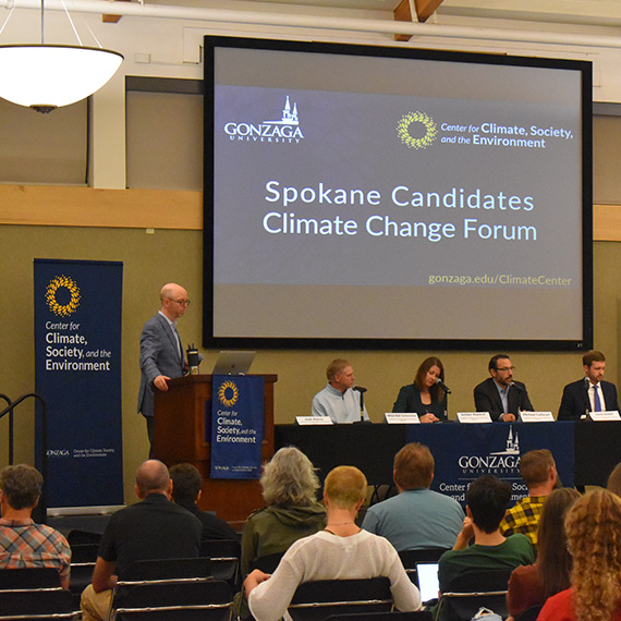 Panelists take the stage at Gonzaga's Spokane Candidates Climate Change Forum.