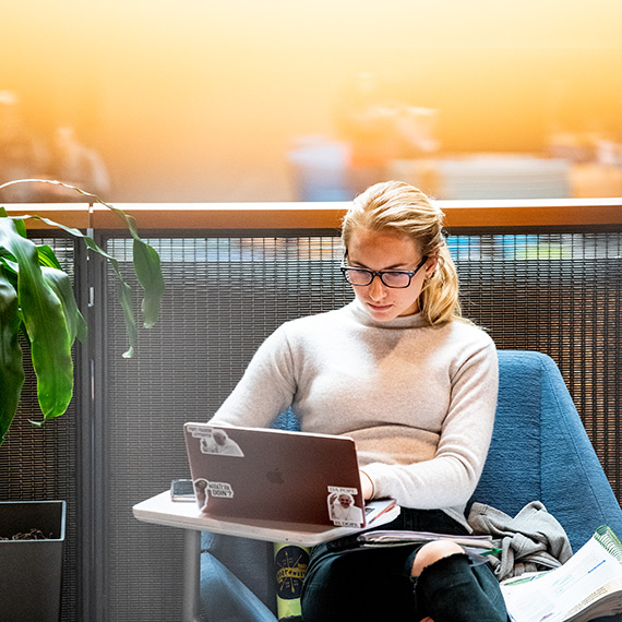 A student studies on her laptop.