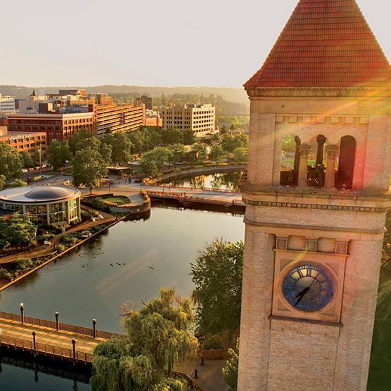 An aerial view of Spokane featuring the Clocktower