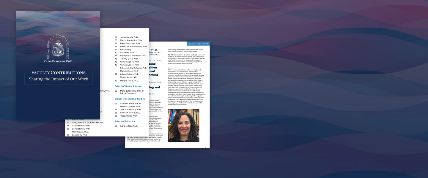 A booklet cover and two sample pages overlay a decorative background.