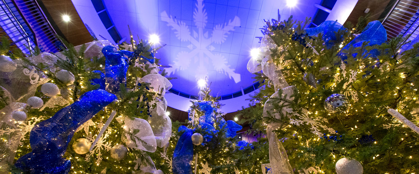 Three Christmas trees in the Hemmingson Center rotunda during the 2016 Season of Light event at Gonzaga University