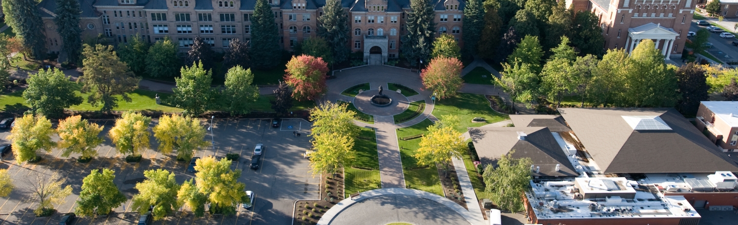 Arial view of the entrance to College Hall
