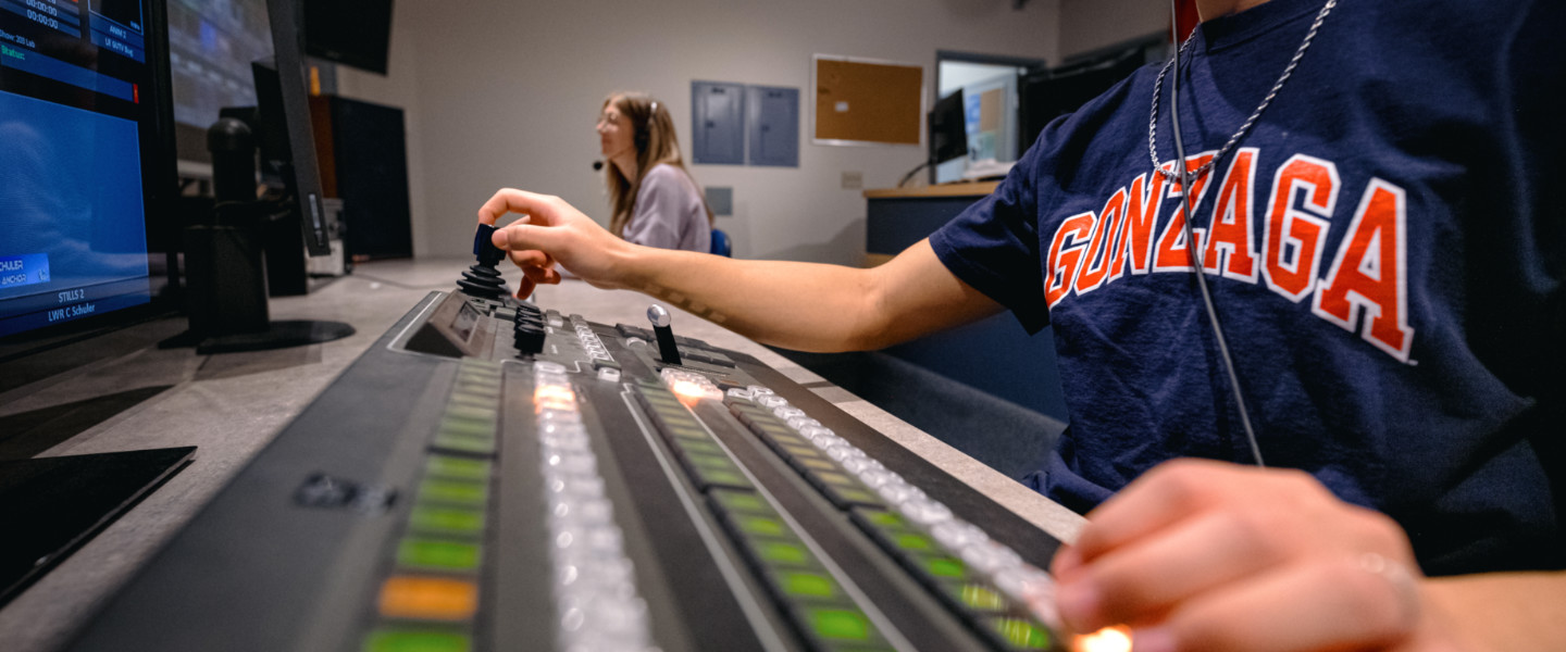 Students in the broadcasting studio.