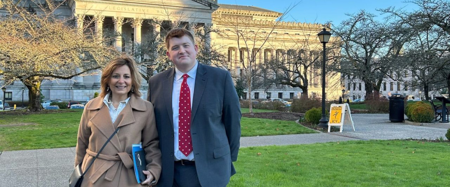Gonzaga University President Katia Passerini and student Jack Kashork at the Washington State capitol building in Olympia. 