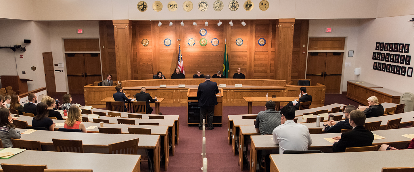 View of a mock trial from back of room.