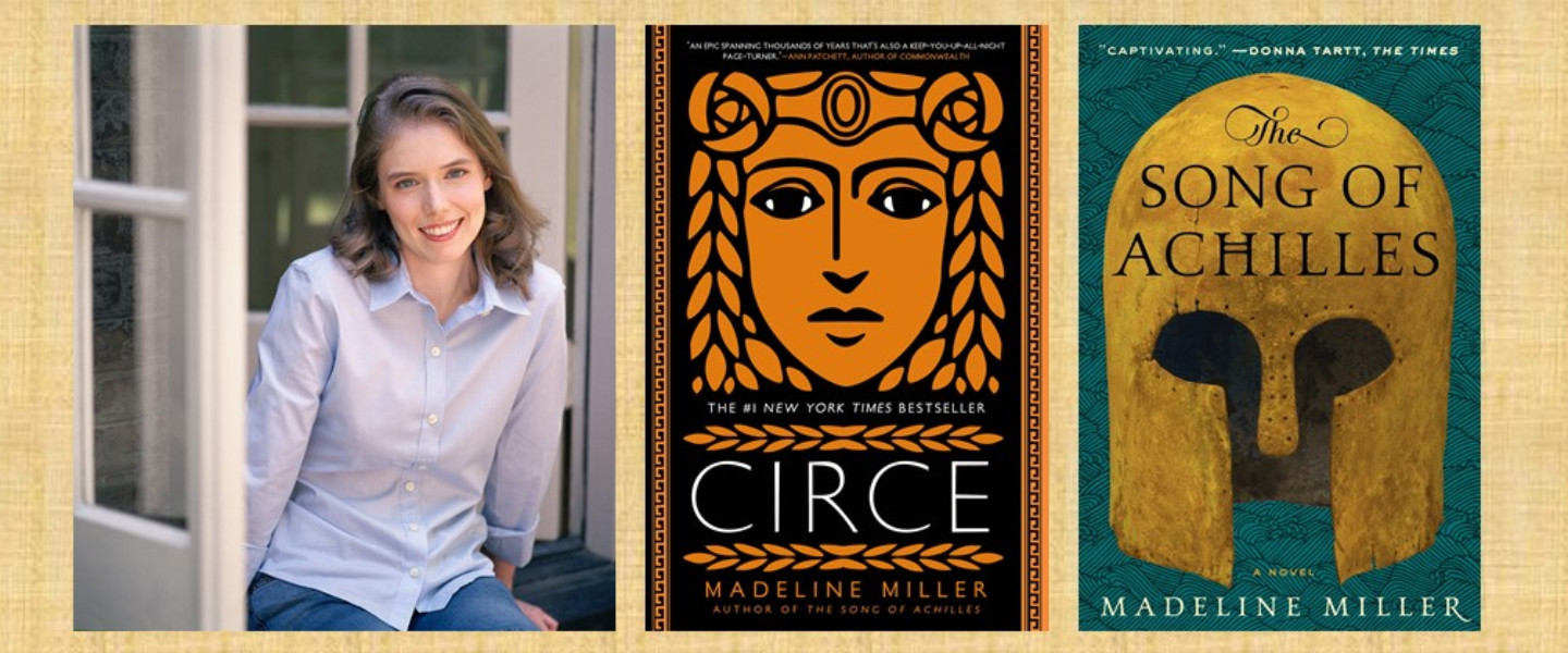 The cover of the book "Song of Achilles", the cover of the book "Circe" and a portrait of the author, Madeline Miller