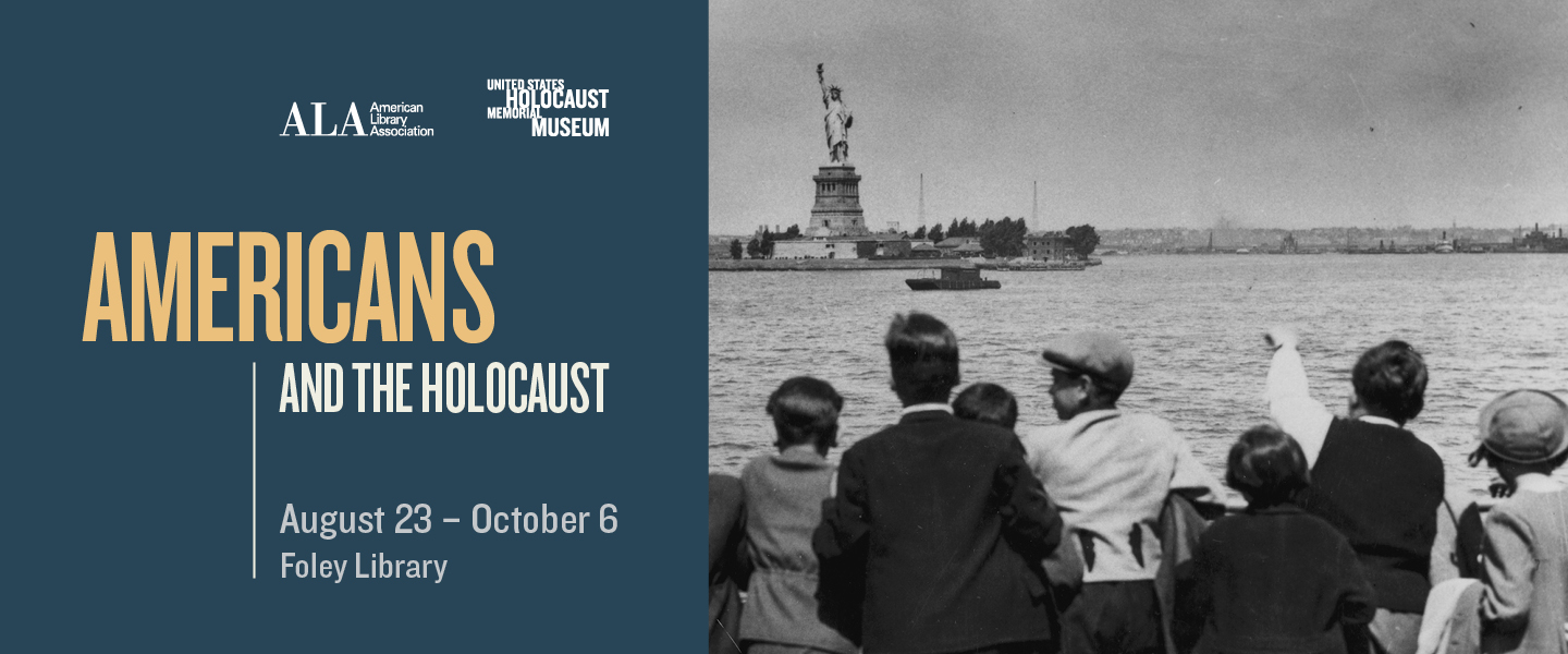 American's and the Holocaust exhibit promo, with black and white image of children looking at the statue of liberty