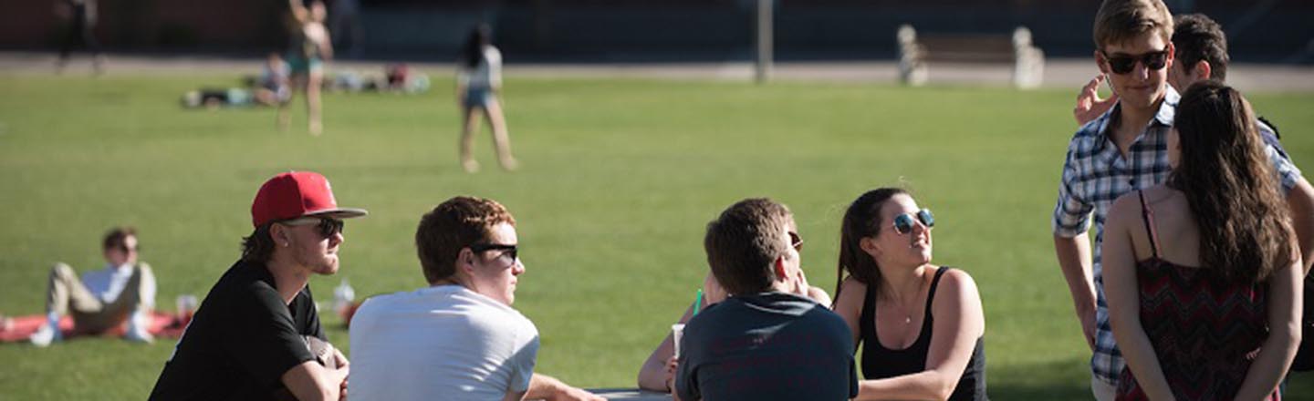 Group of students sitting on lawn talking to each other