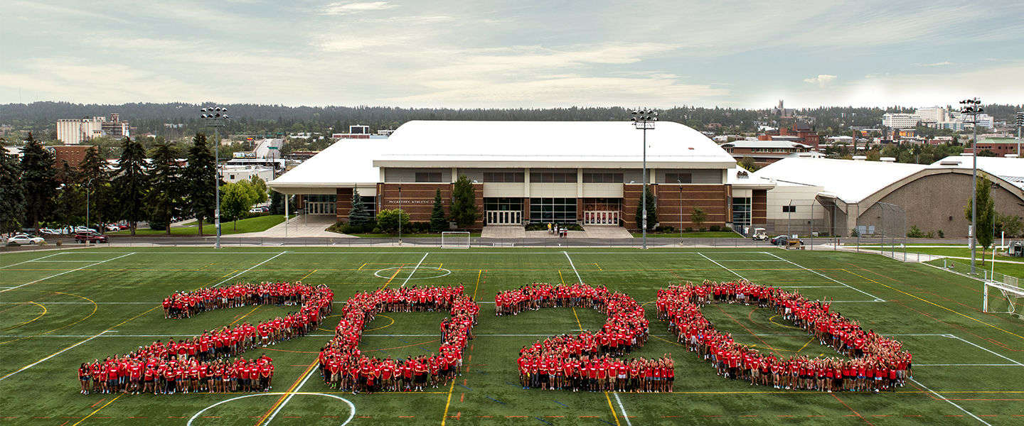 Gonzaga University Class of 2020 form "2020" on a field on campus