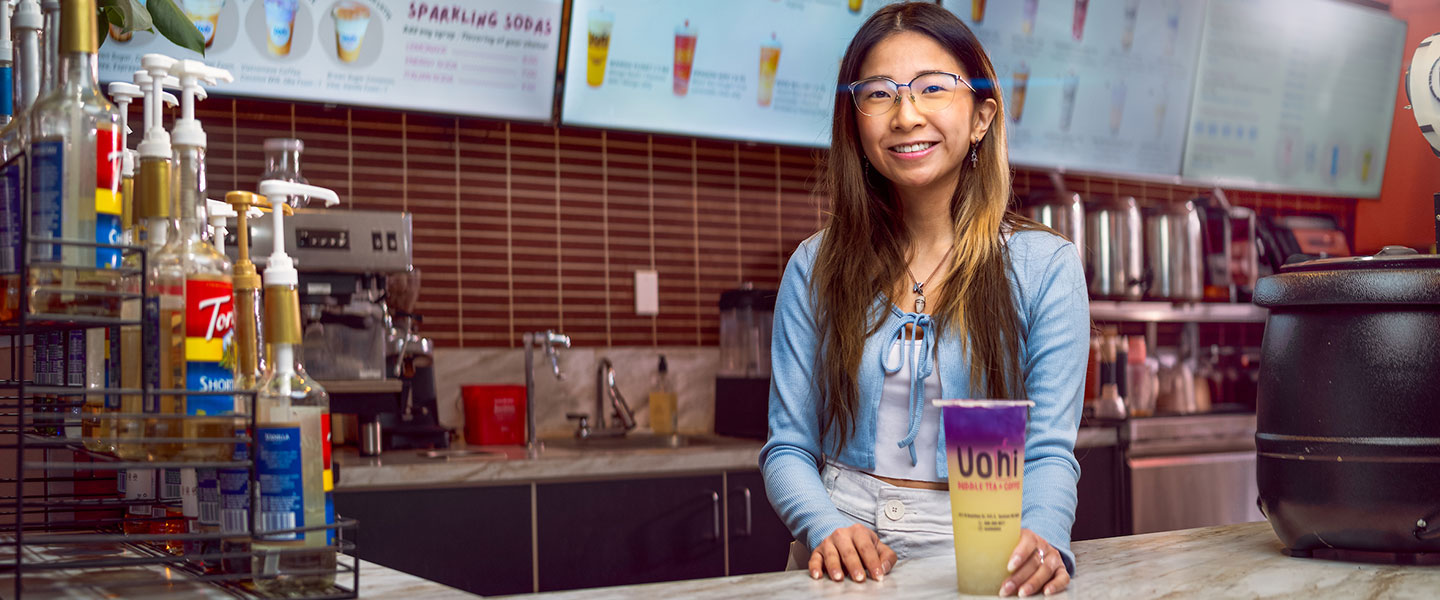Kellie Tran ('24) owns Uoni Bubble Tea & Coffee near Gonzaga's campus. Photo by Zack Berlat