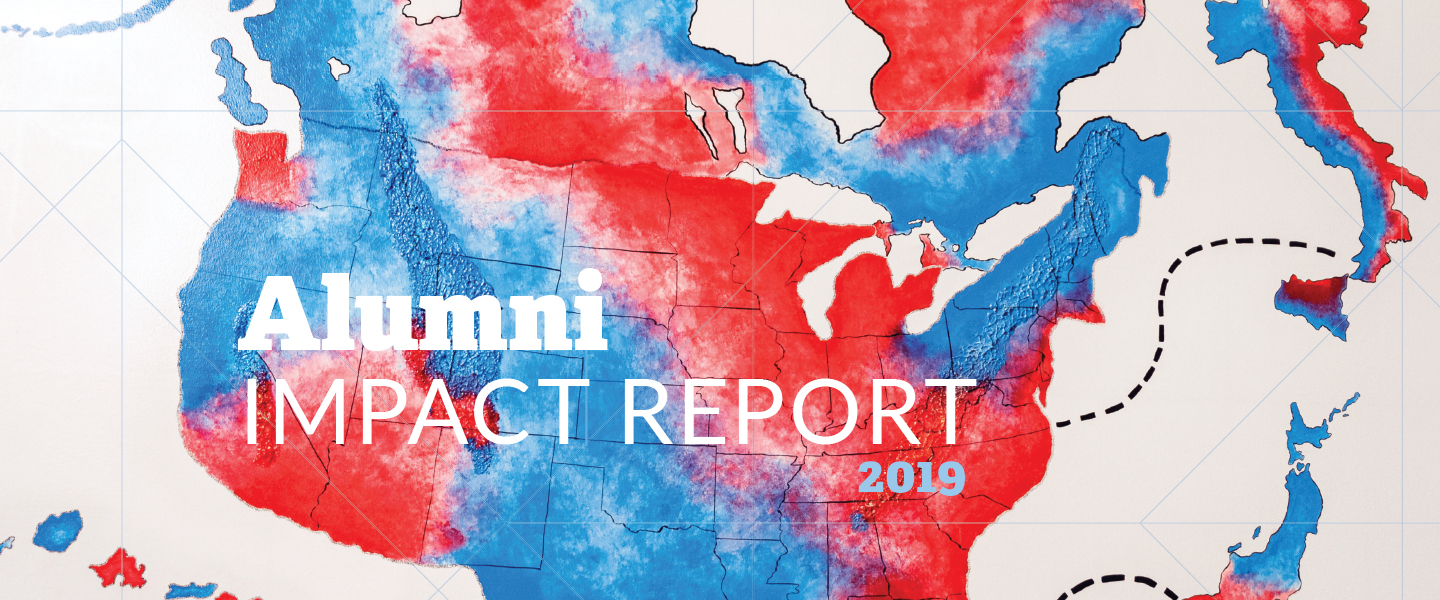 Map of the United States plus Italy and Japan in red and blue. With text "Alumni IMPACT REPORT 2019"