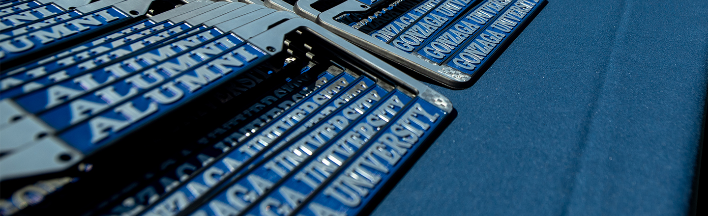 stacked Gonzaga University Alumni metal license plate frames