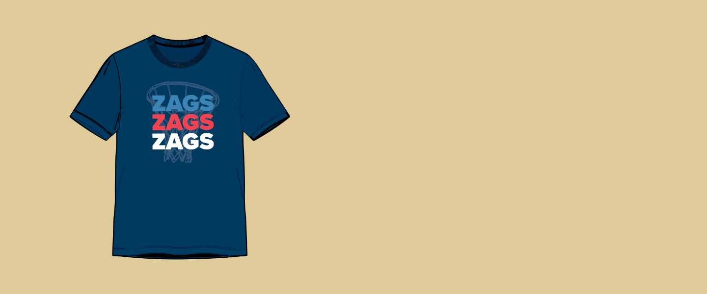 Image of t-shirt with text "ZAGS" and a basketball hoop in the background.