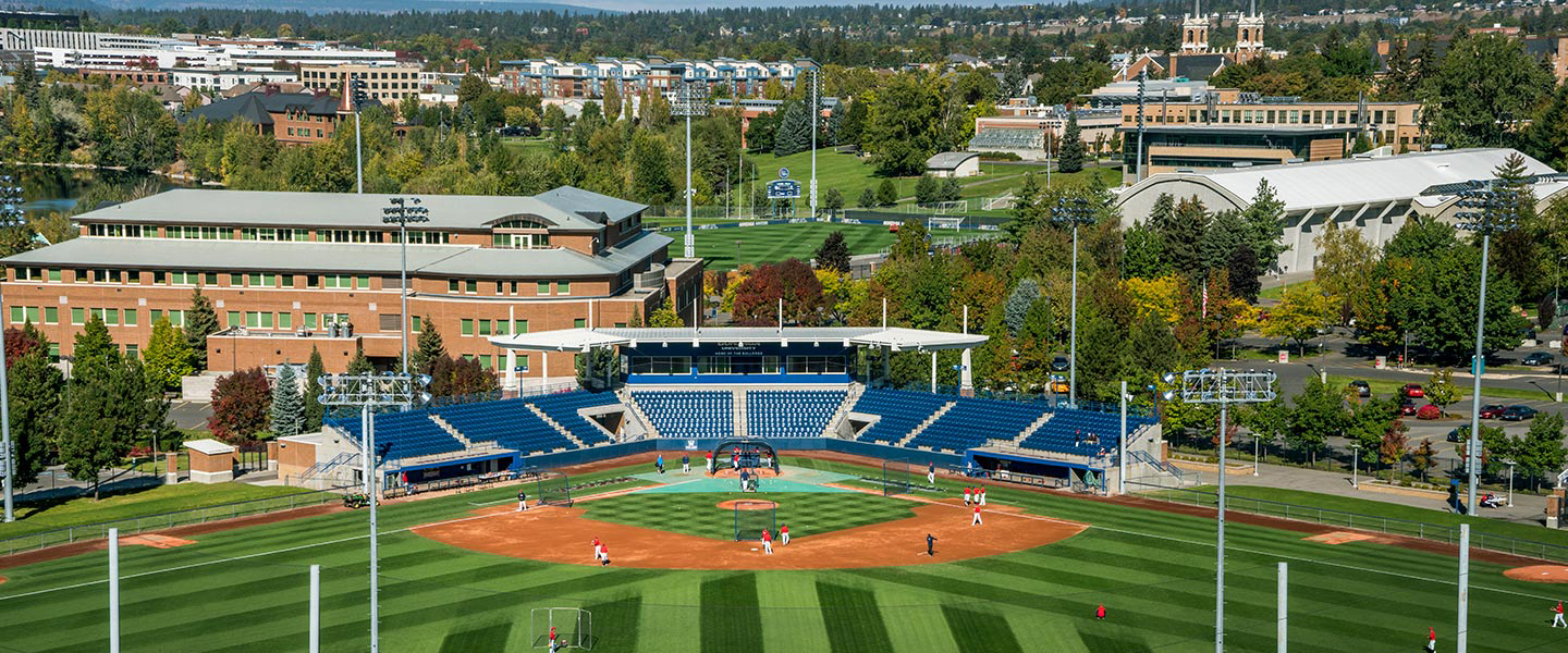 Aerial photo of the Patterson Baseball Complex in the afternoon during a baseball game