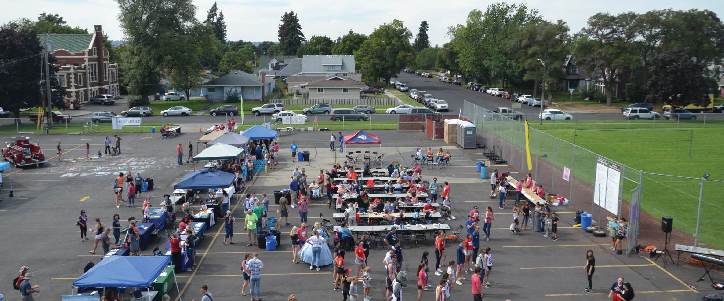 Aerial shot of people gathered at a fair