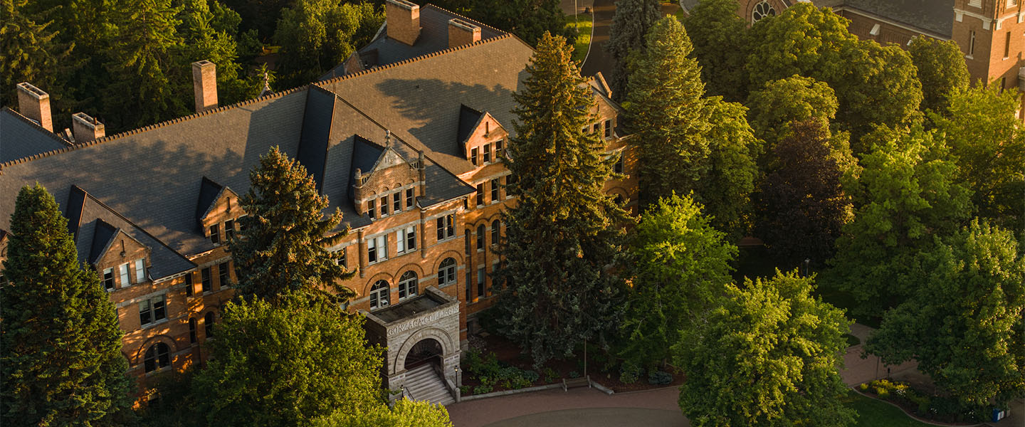 Bird's eye view of College Hall at sunset