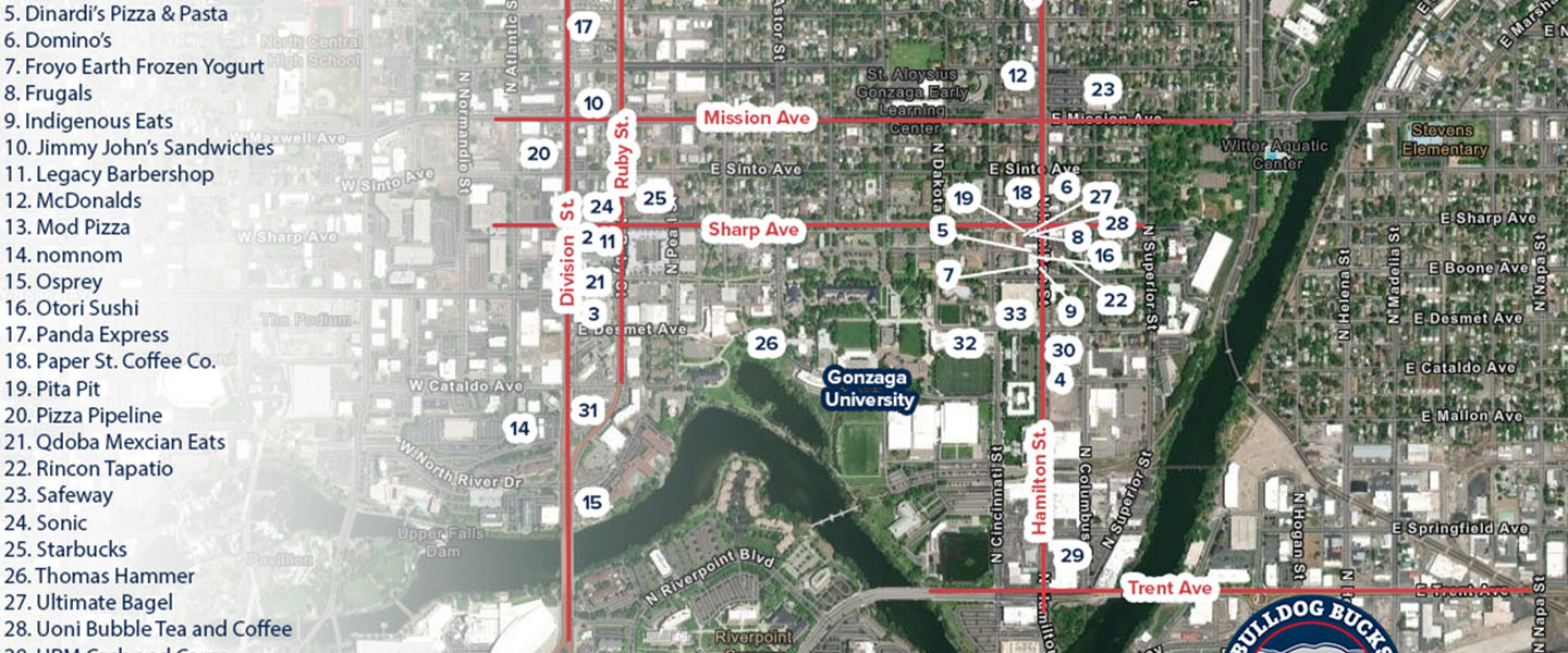 Map of Gonzaga neighborhood stores that accept Bulldog Bucks