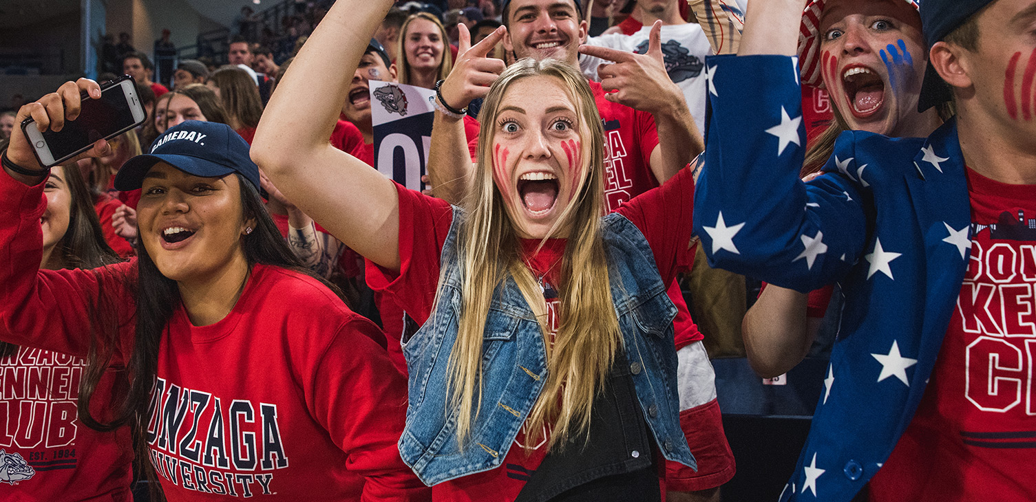 Students cheer at Gonzaga's Kraziness at the Kennel basketball event.