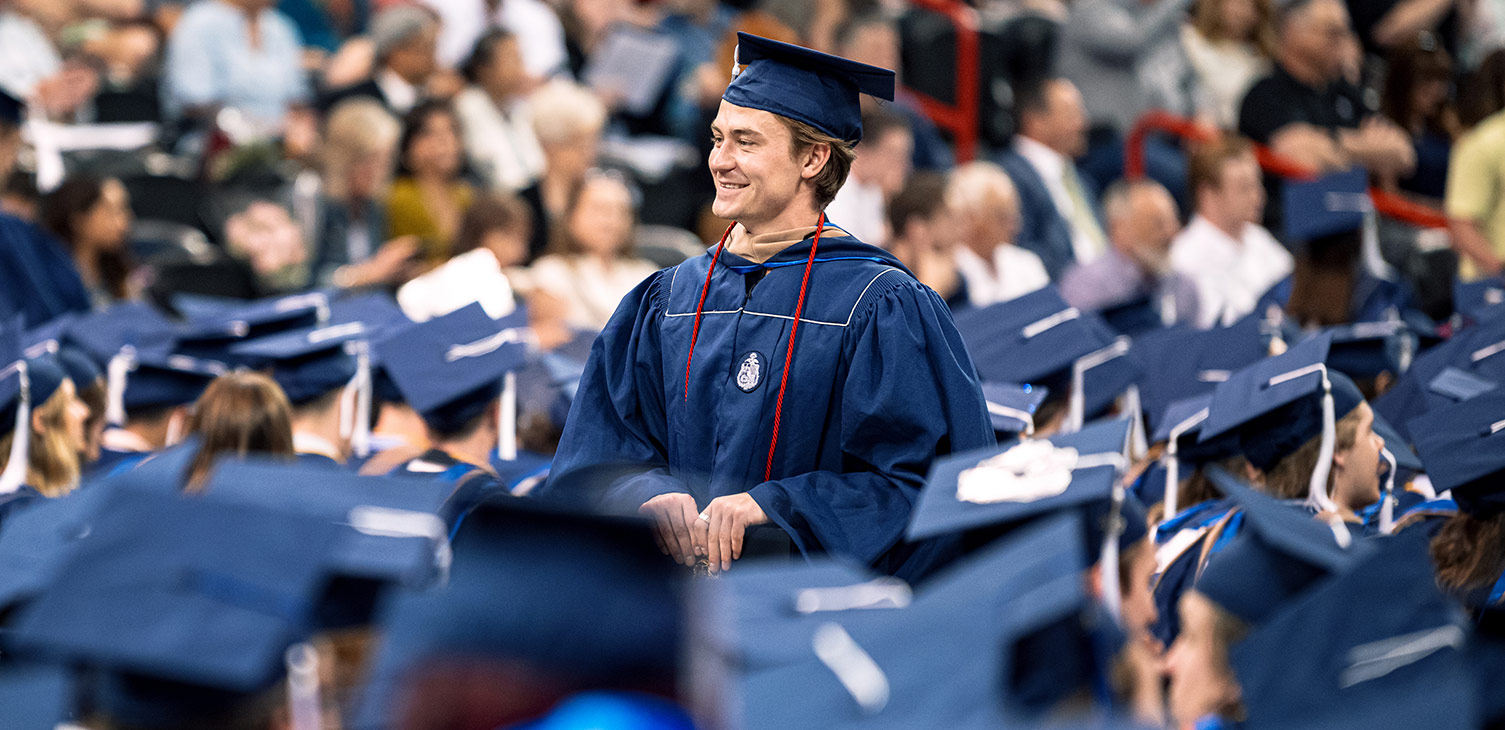 A Gonzaga student smiles during commencement.