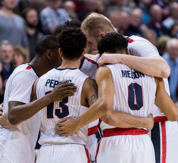 basketball team huddling during game 