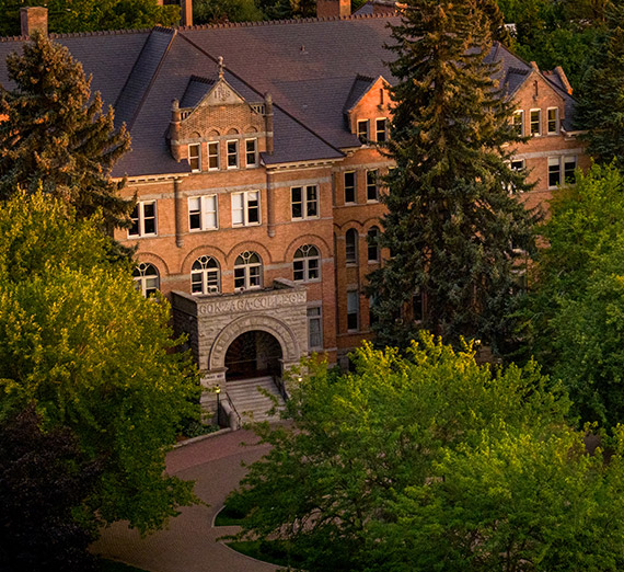 An aerial photo of Gonzaga's College Hall