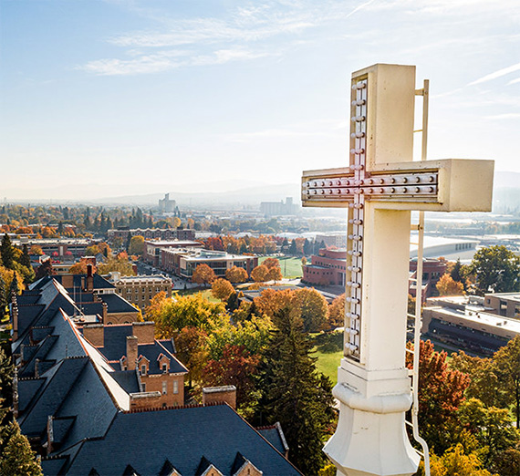 cross on top of spire of church