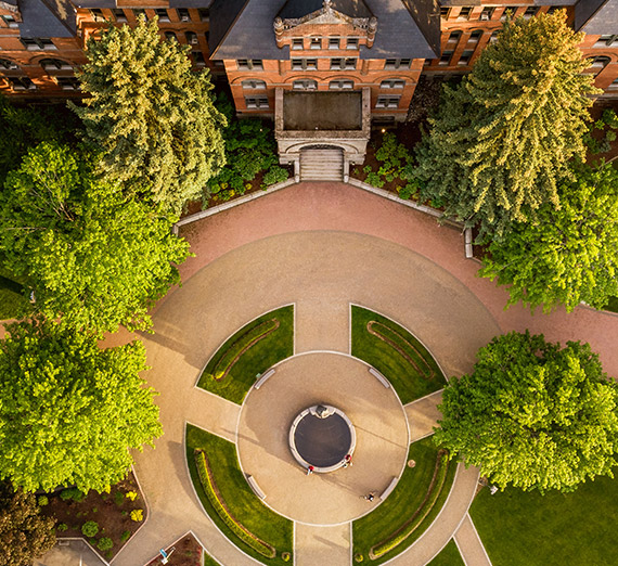 An aerial of view of Gonzaga's College Hall