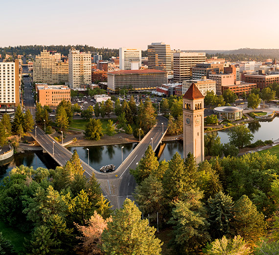 An aerial views of the city of Spokane