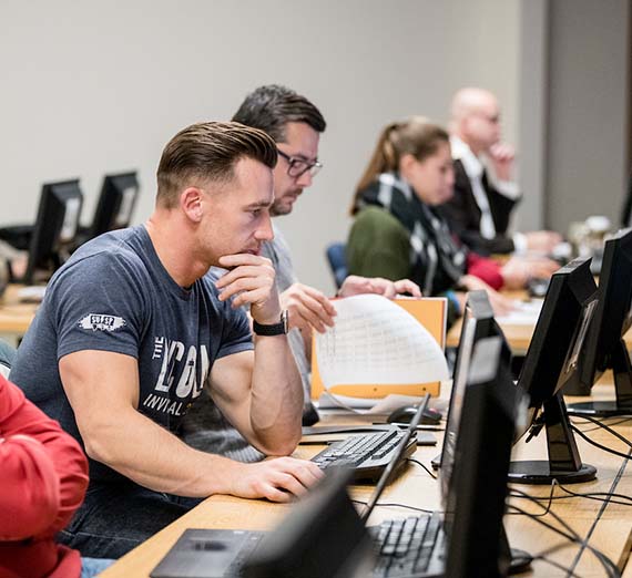 Students working in a computer lab.