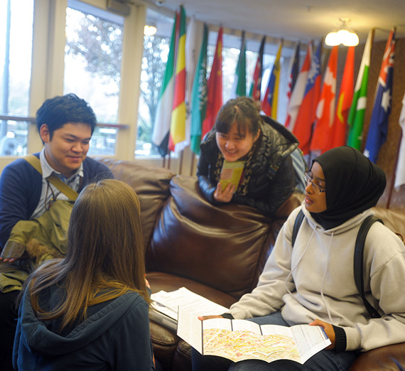 International students looking at a map