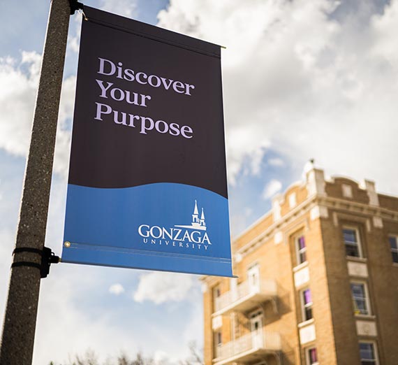Campus sign with Gonzaga Logo with text that reads Discover Your Purpose