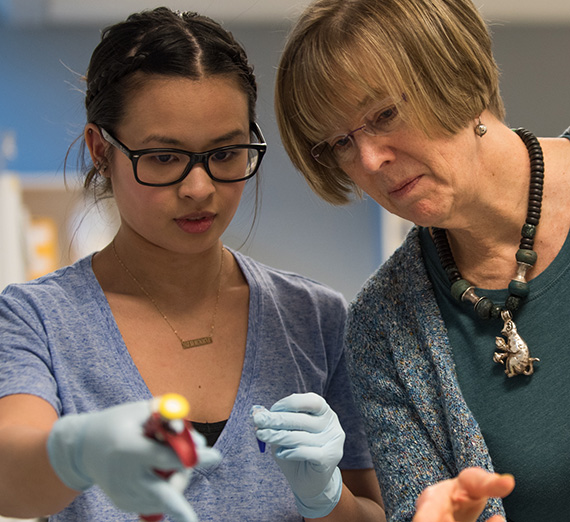 A student confers with a professor in a biology lab