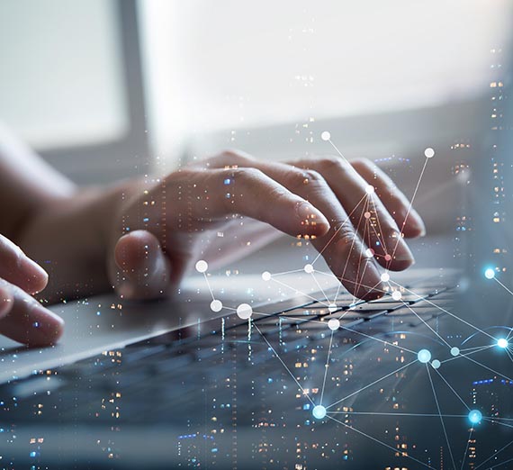 Woman using modern computer surfing internet futuristic metaverse, innovative technology background