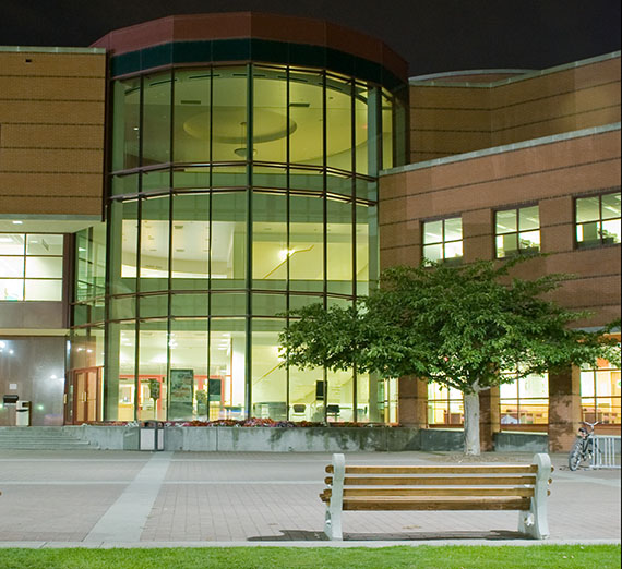 Foley Library at night.