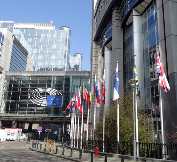 Outside view of Country Flags and Buildings, Brussels, Belgium