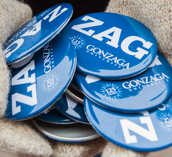 "Zag" written on pins to promote Gonzaga Univeristy.
