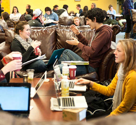 Gonzaga students studying during Finals Week at a lounge in Crosby