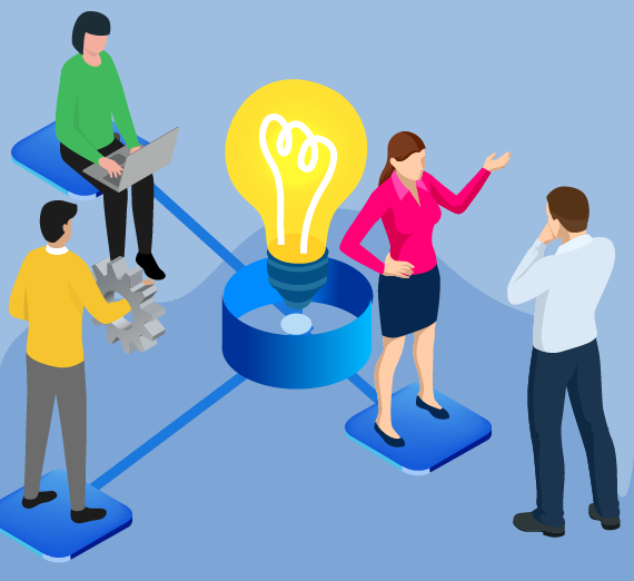 illustration of two people working on different devices connected to a light bulb idea with a third connected person presenting to a client