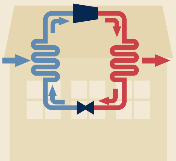 illustration of hot and cold pipes moving through a house