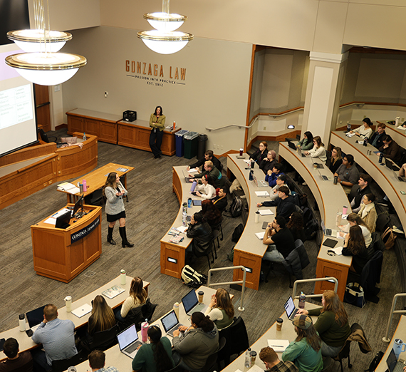 Glass door with Gonzaga Law seal printed on it