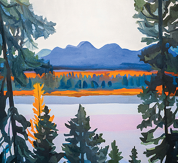 A painting of some mountains and trees.