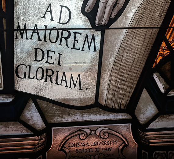 Close up look at the stained glass in the Gonzaga Law chapel. 