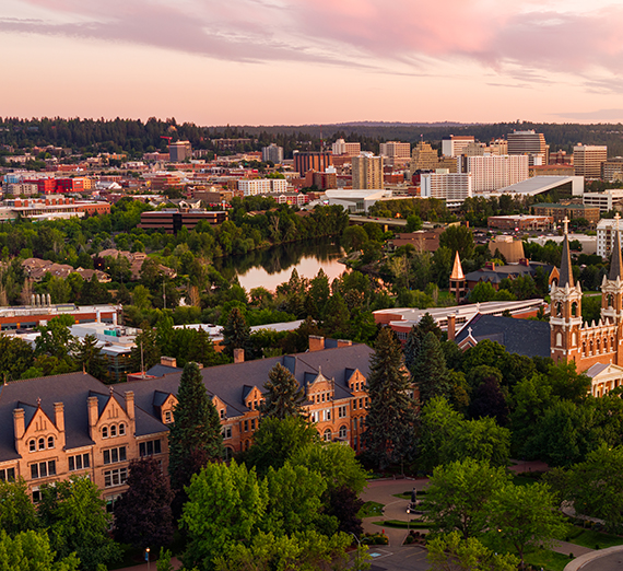 Overhead shot of Gonzaga University and Spokane in the background.